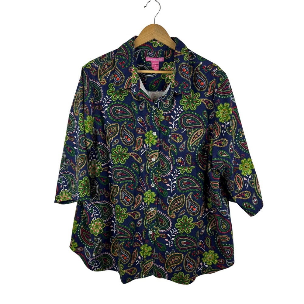 Woman Within Paisley‎ Button Down Shirt Size 1X Multicolor Faux Suede Boho Artsy